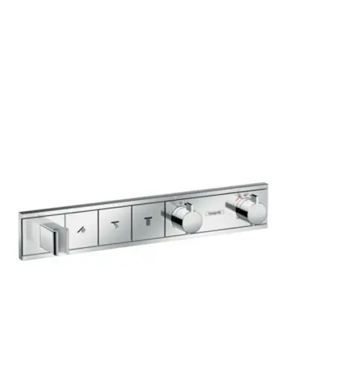 Thermostatsteuerung von Hansgrohe mit drei Einstellungsmöglichkeiten für Wasserzufuhr und Temperatur, aus Chrom, für eine Unterputzmontage.